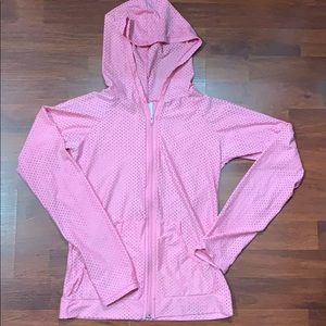 Pink working out suit with a hoodie..